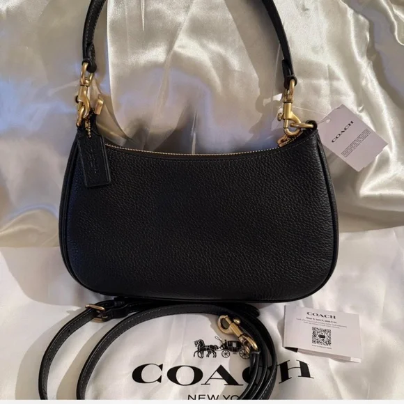 💕Coach New Black Teri Shoulder Bag with Gold Hardware and pink jewels